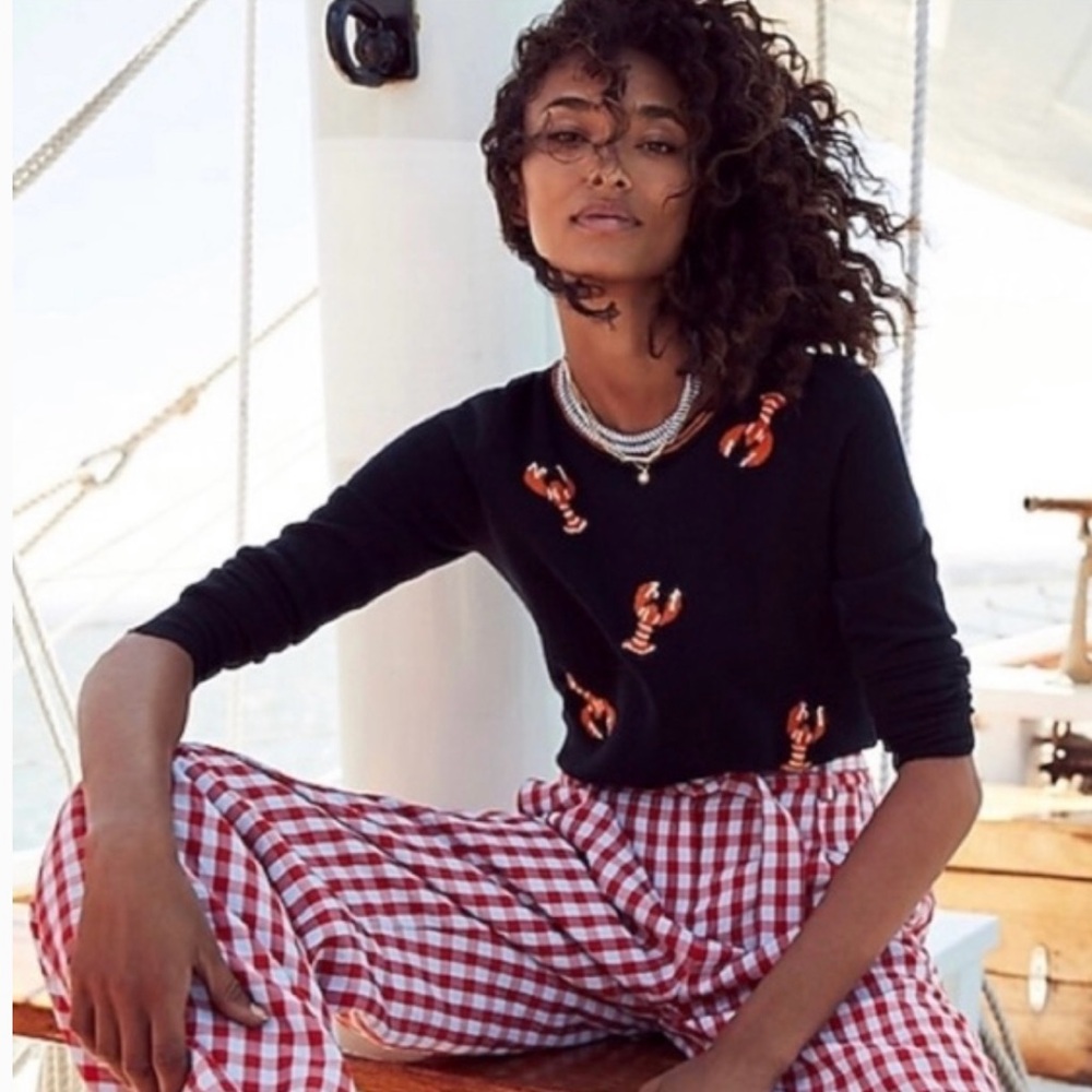 J. Crew 100% Cashmere Sweater with Red Stripes and Lobsters